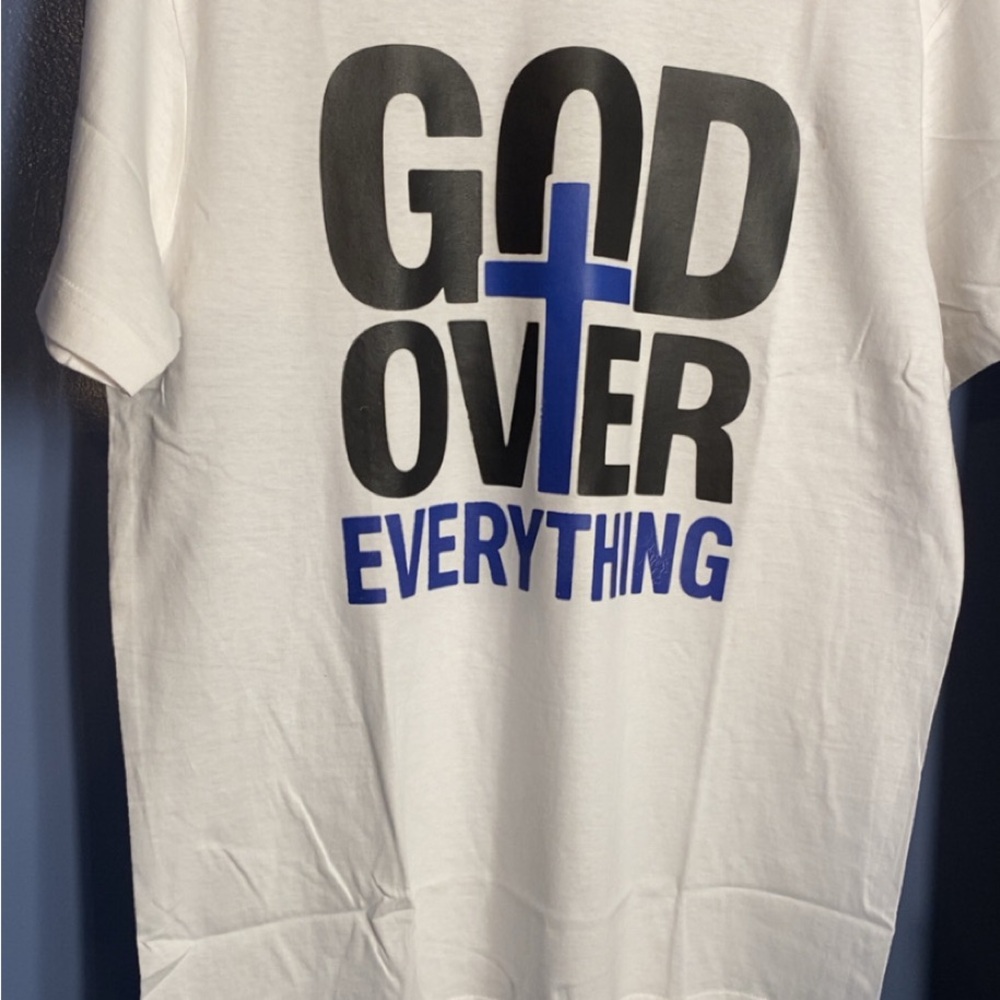 White Tee with Black and Blue Print “God Over Everything “